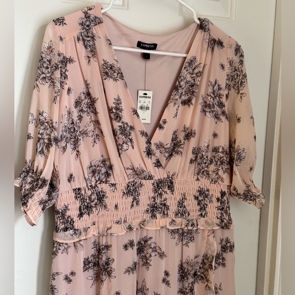 NWT, Express, Pale Pink, Floral, Chiffon, Faux Wrap, Maxi Dress, Size L